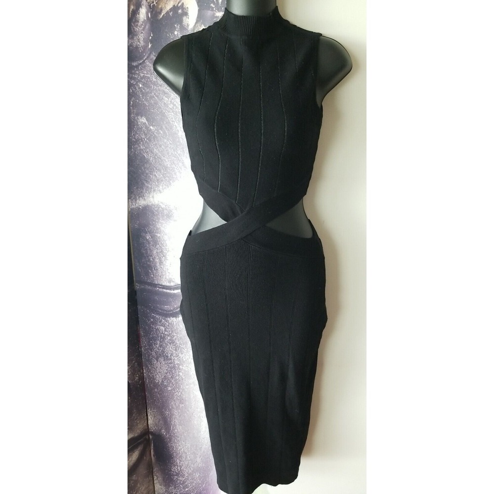 REHAB Dress Mock Neck Black Sleeveless Side Cutout Ribbed‎ Bodycon Mini Dress S